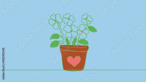 Flower icon illustration with heart design in brown pot on blue background