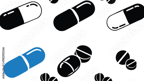 Pill icon illustration with various black and blue capsule shapes