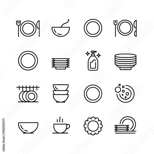 Line art illustrations depicting various kitchenware and dishware items