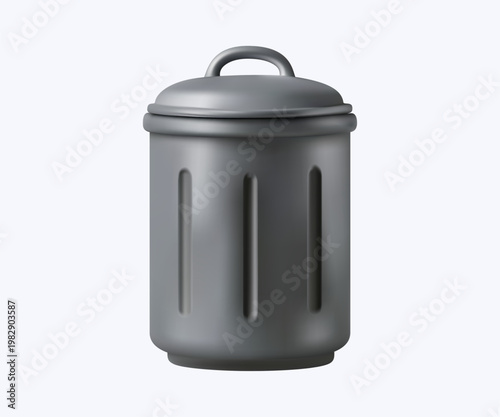 Vector 3D vector of metal trash cans for waste sorting. Recycling bin, public garbage container, or domestic waste baskets for ecological design illustration
