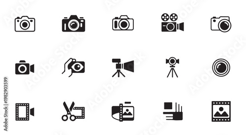 Set of camera shutter aperture icons, photographic lens iris symbol vector, adjustable opening mechanism.