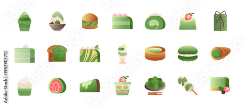 Matcha green tea desserts flat icon set. 21 colored icons like cupcake, ice cream, kakigori, cream puff, cake, mochi, dorayaki, shortcake, dango and more sweets. Vector illustration isolated on white