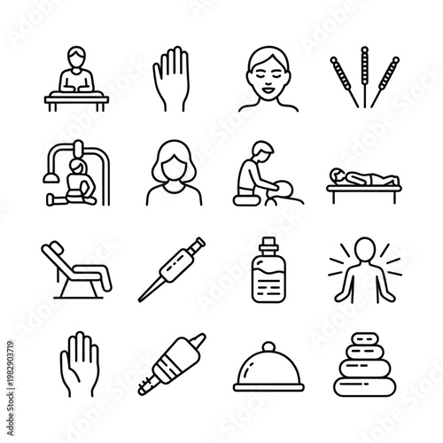Line art icons depicting various wellness and therapeutic treatments