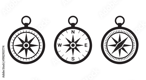 Three different style vector compass icons, black outlines, simple design elements isolated on transparent background.