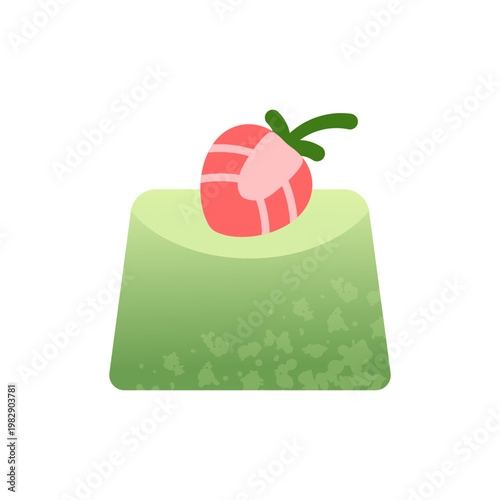Matcha panna cotta with strawberry flat icon. Green tea jelly dessert with berry topping. Colored vector illustration isolated on white
