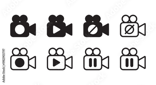 Grid of sixteen line art camera icons, varying styles from vintage to modern, on transparent background.