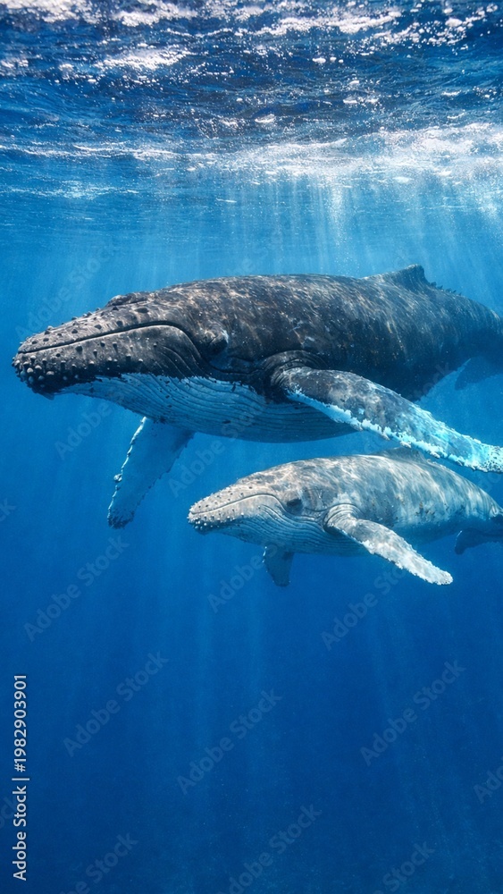 Fototapeta premium Mother whale and calf in the ocean