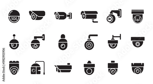 Sixteen outlined camera icons arranged in a grid, offering different vintage and contemporary designs.