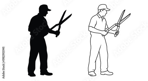 Two depictions of a gardener holding large shears for trimming bushes