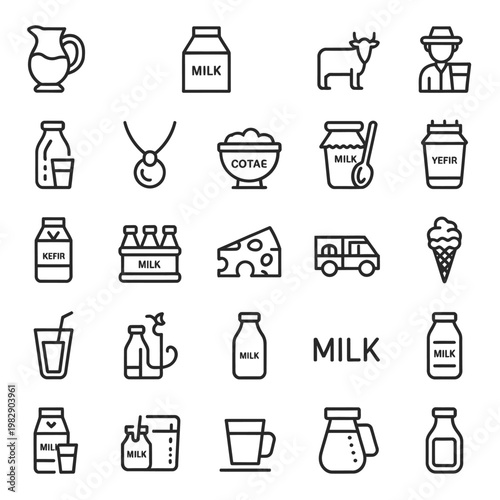 Collection of dairy related icons including milk cheese and farm elements