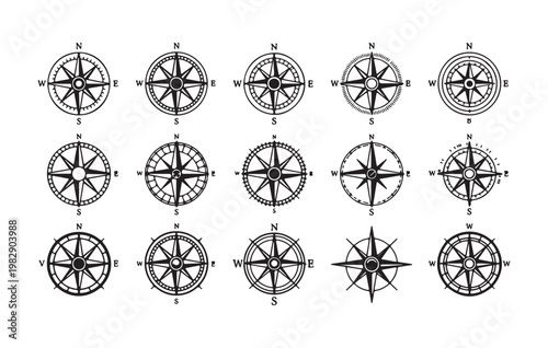 Large collection of vector compass icons, variety of styles and designs isolated on transparent background.