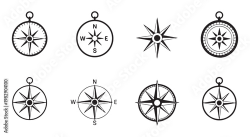 Variety of vector compass icons, different designs for navigation, travel, and exploration isolated on transparent background.
