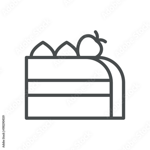 Shortcake slice with strawberry outline icon. Layer cake with fruit topping. Line vector illustration isolated on white
