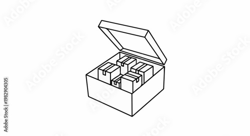 Open box containing multiple small, taped, square cartons arranged neatly