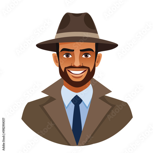 Smiling man in fedora and overcoat with tie vector illustration