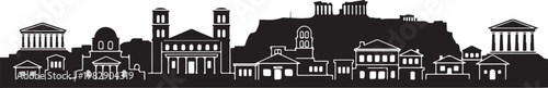 Ancient greece architecture cityscape panorama silhouette icon set historical landmark