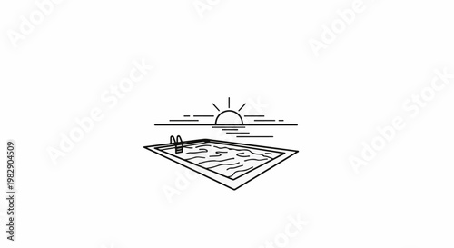 Minimalist line art of a swimming pool with a setting sun over water