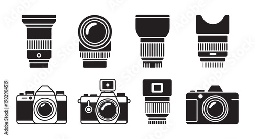 Camera shutter aperture icons vector set. various photographic diaphragm open and close symbols collection.