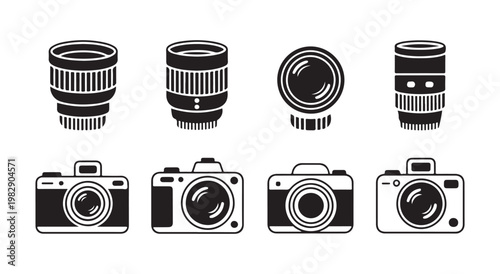 Camera shutter aperture icons outline vector set. various photographic diaphragm open and close symbols collection.