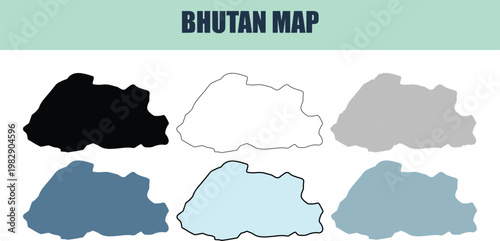 Bhutan map outlines in various styles and colors on a white background