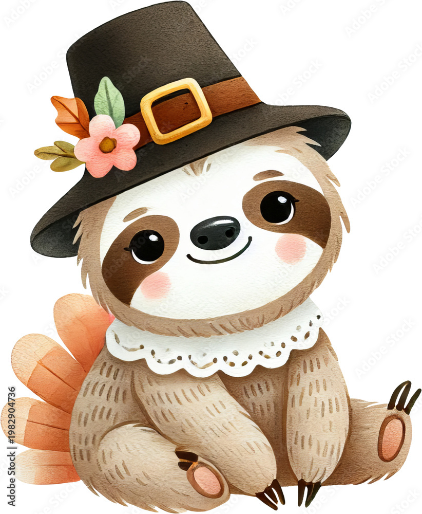 Naklejka premium Sloth pilgrim hat autumn cute watercolor sloth pilgrim hat autumn flower smiling illustration