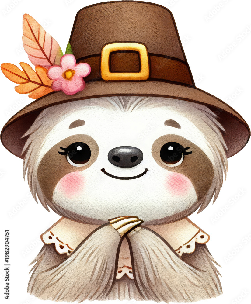 Naklejka premium Cute sloth pilgrim hat autumn watercolor smiling animal illustration for fall holiday design