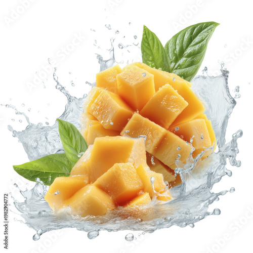 Fresh mango cubes splash isolated on transparent background with green leaves, juicy tropical fruit cut pieces with water splash, high detail clipping path PNG