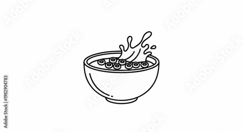Line art of a bowl of cereal with milk splashing upwards