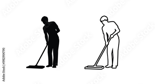 Two figures one dark and one light are depicted sweeping the floor
