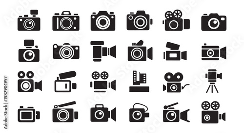 Set of 24 diverse camera and video camera icons in black, representing various recording devices.