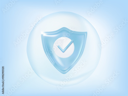 Protection shield with a check mark icon inside a transparent sphere on a blue background, 3D vector illustration. Concept for healthcare insurance, medical safety, data security, and virus protection