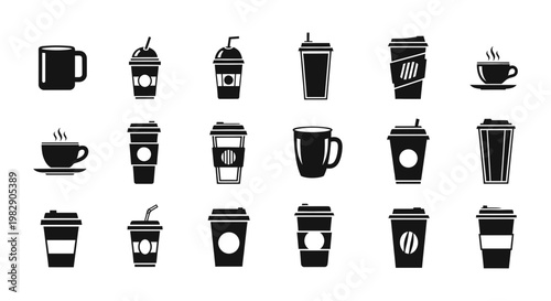 Set of coffee shop beverage icons including disposable cups and ceramic mugs in black and white vector style for cafe menu design