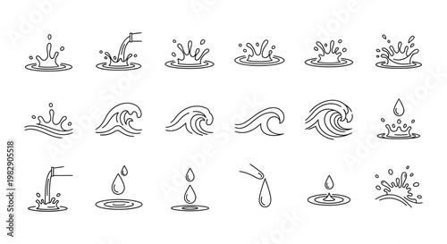 Set of fifteen water splash and wave icons showing various liquid movements for ocean and hydration branding
