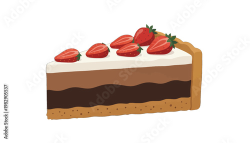 Delicious Slice of Chocolate Cake with Strawberries Vector Illustration, Flat Design for Food and Dessert Presentations