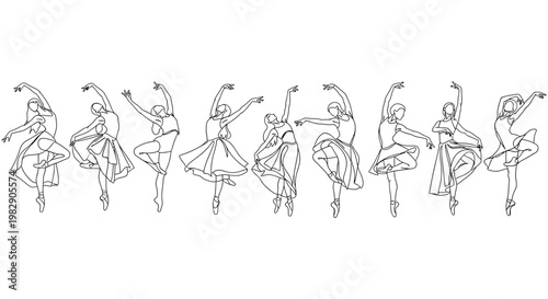 Collection of ballerina dancer poses in elegant continuous line art drawing style