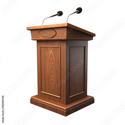 A wooden podium with two microphones on top