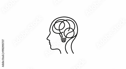 Single line drawing of human head profile with brain as lightbulb