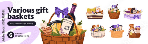 Gift baskets set. Hampers with different presents and treats. Straw boxes with wine, confectionery, groceries, kids toys, beauty and sports kits. Flat isolated vector illustrations on white background