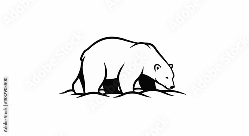 Stylized black and white illustration of a polar bear sniffing the ground