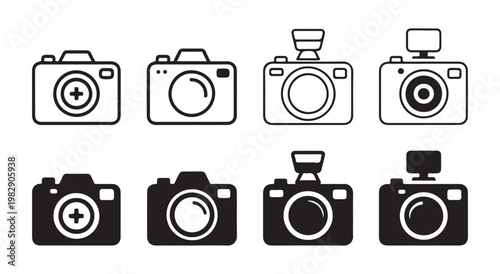 Collection of security surveillance cameras icons and symbols for monitoring and protection purposes.