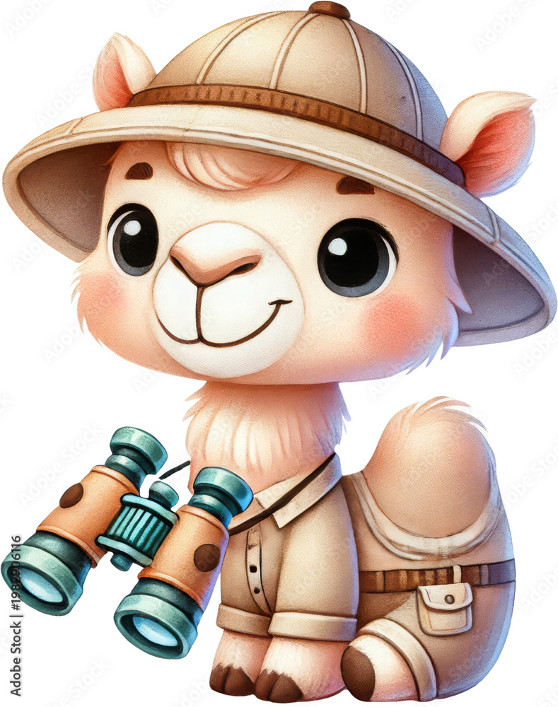 Fototapeta premium Safari hat cute llama binocular cartoon explorer adventure animal activity illustration