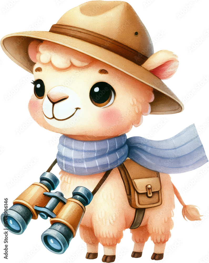 Fototapeta premium Cute llama explorer illustration with hat scarf binocular and backpack, cheerful adventure