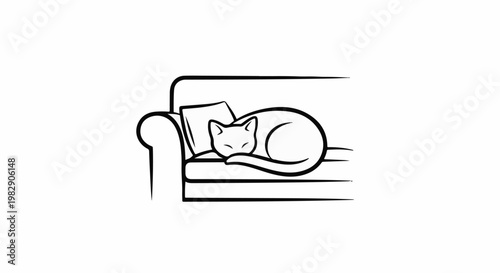 Stylized line art of a cat sleeping curled on a sofa with a pillow