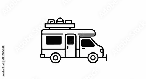 Simple line drawing of a recreational vehicle with luggage on the roof