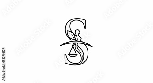 Stylized letter 'S' intertwined with a fairy holding scales