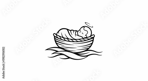 Sleeping baby with halo in a basket on waves
