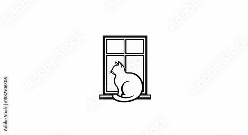 Stylized white cat silhouette sits looking out of a window pane