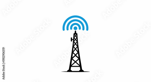 A broadcast tower emitting blue signal waves against a white background