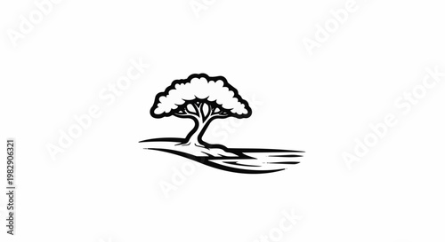 Stylized black and white illustration of a tree with broad canopy