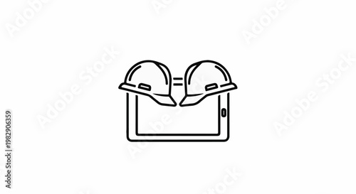 Two hard hats are shown with an equals sign between them, on top of a tablet